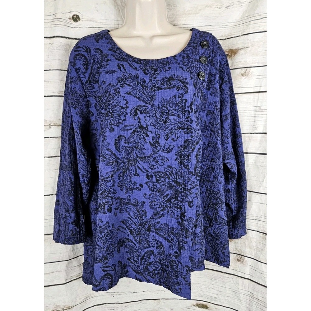 Habitat Clothes Purple Print Crinkle Top L Wrap Tunic Lagenlook Rayon
